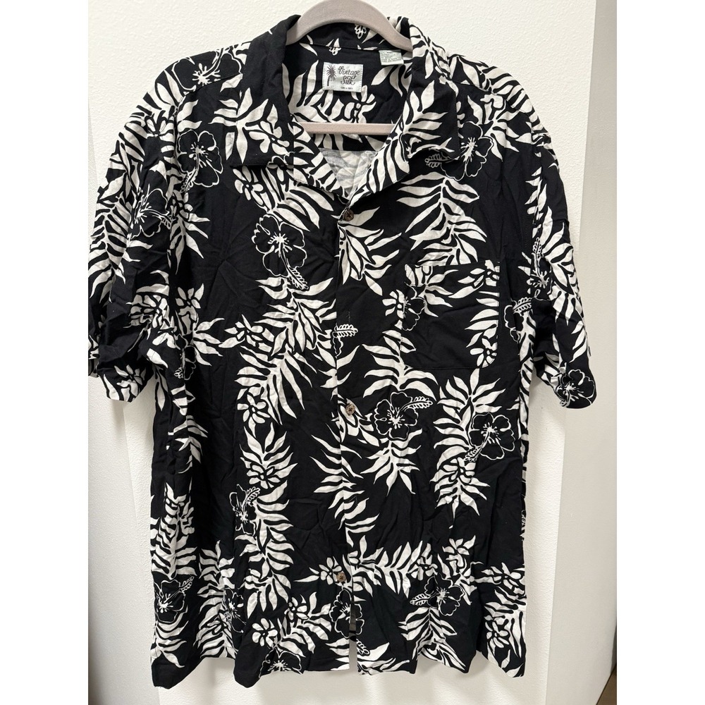 Vintage Silk Brand Hawaiian Button Up Camp Shirt Short Sleeve Black‎ & White XXL